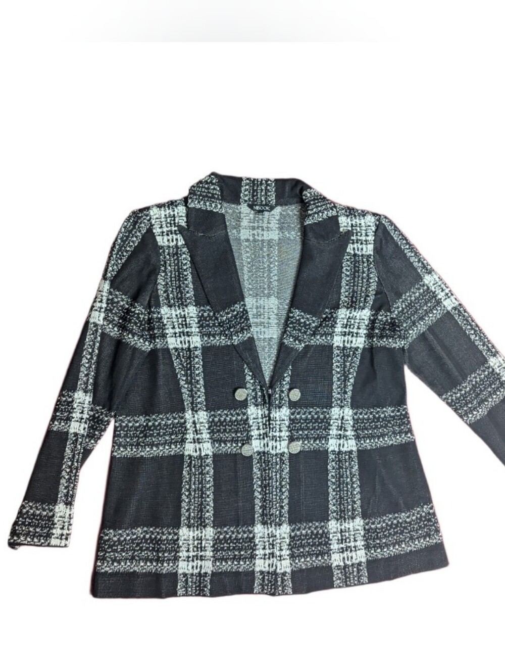 Misook Plaid Tailored Knit Blazer Black White Faux Double Breasted Size Large
